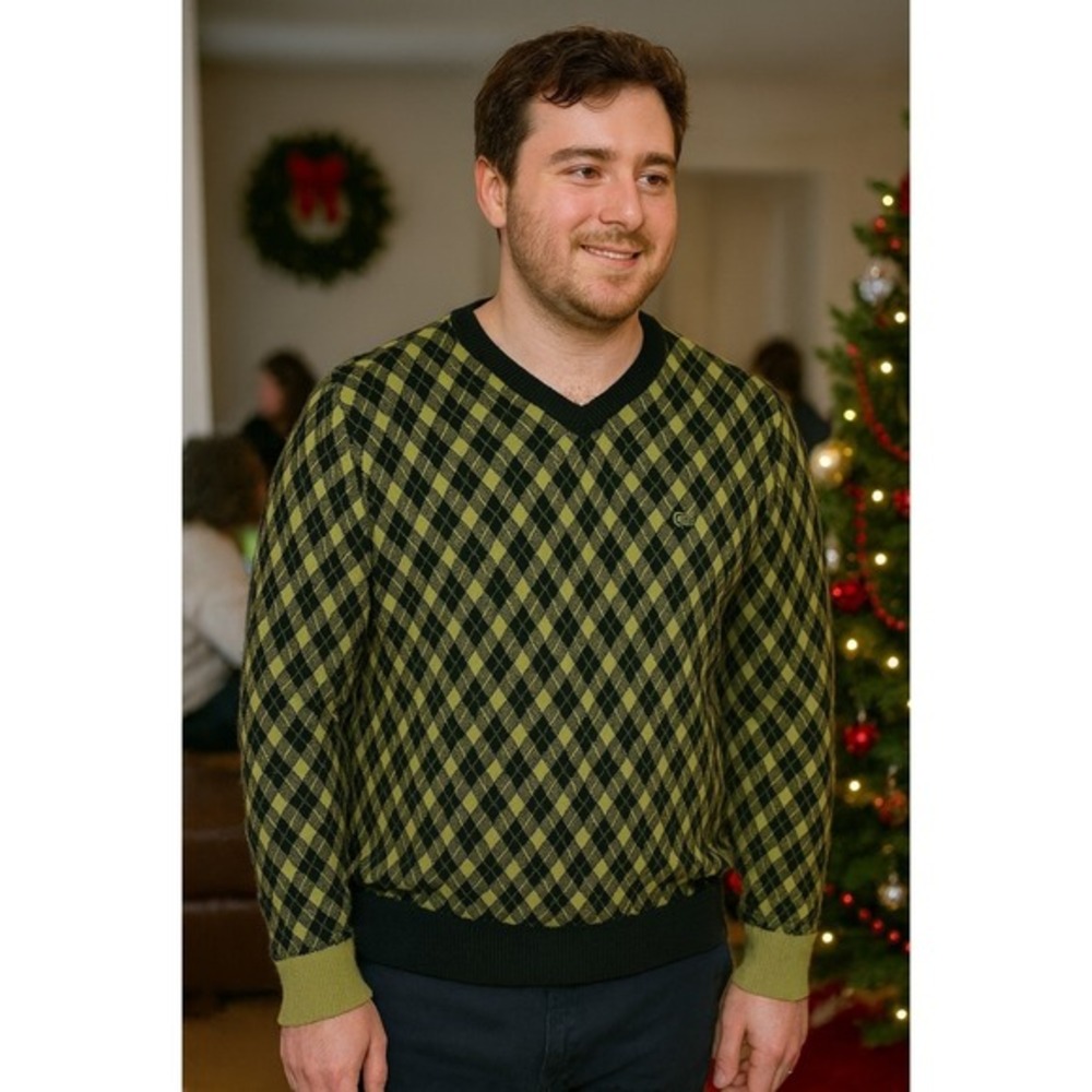 Original Penguin Men Medium Argyle Pattern V-Neck Green Sweater Fisherman Casual